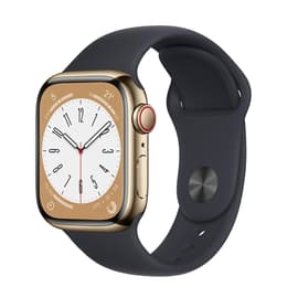 Apple Watch (Series 7) 2021 GPS + Celular 45 - Aço inoxidável Dourado - Bracelete desportiva Preto