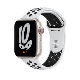 Apple Watch (Series 7) 2021 GPS + Celular 41 - Alumínio Luz das estrelas - Bracelete desportiva Nike Branco/Preto