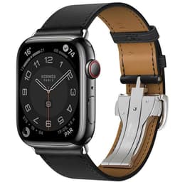 Apple Watch (Series 7) 2021 GPS 45 - Aço inoxidável Cinzento sideral - Bracelete de elos em pele Preto