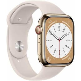 Apple Watch Series 8 (2022) GPS + Celular 45 mm - Aço inoxidável Dourado - Bracelete desportiva Branco